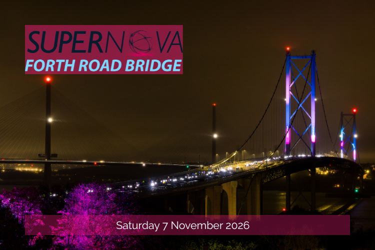 An image of the iconic Forth Road Bridge at night with details of the Supernova Forth Road Bridge 5K run which is being held on Saturday 7 November 2026.