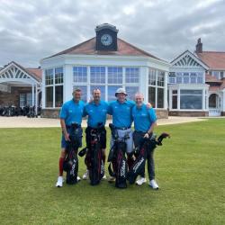 Angus MacDonald (second left) alongside Nick White, Stuart Paul and Andy Nicol, with their golfbags standing outside the famous Muirhouse Golf Clubhouse