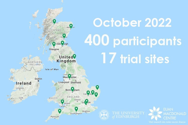 A picture of the United Kingdom with sign pins showing the 17 trials sites.
