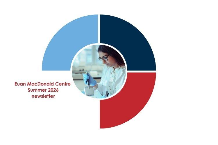 Graphic sectioned circle in the Euan MacDonald Centre brand colours light blue, dark blue, and dark red. In the centre is an image of a researcher using a pipette. Title is Euan MacDonald Centre Summer 2026 Newsletter