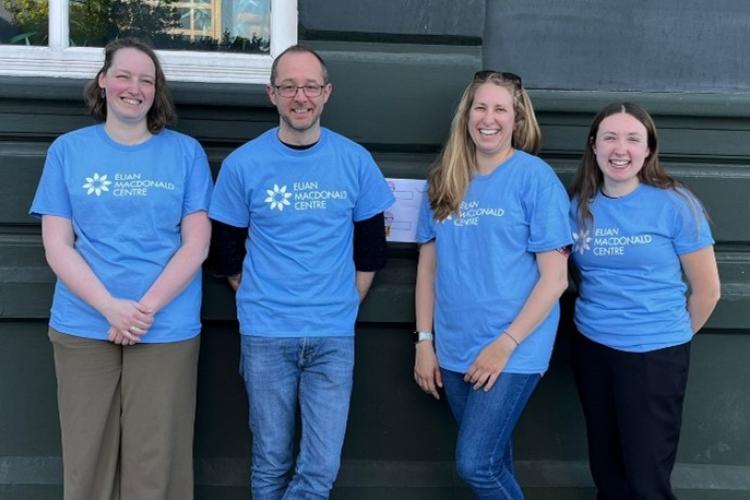 Left to right: Dinja van den Hoorn; Chris Henstridge; Zsofia Laszlo; Anna McFarlane. All the scientists are wearing Euan MacDonald Centre blue branded t-shirts