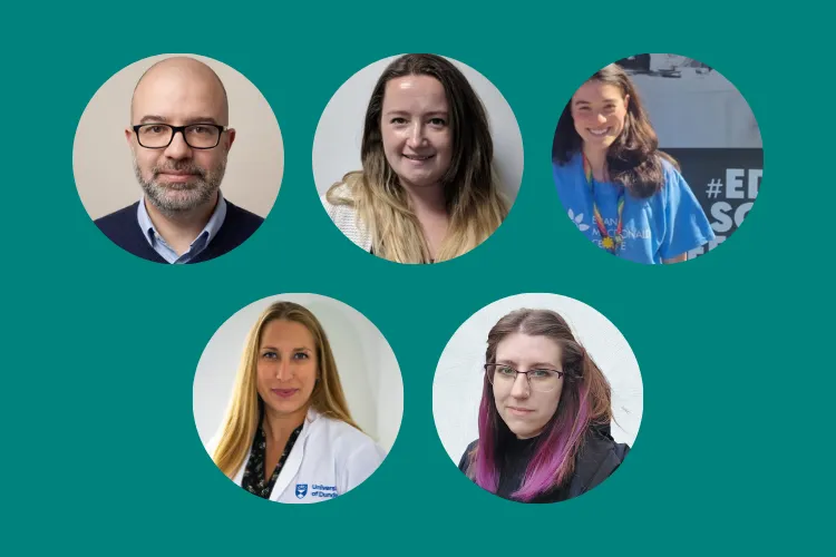Collage of postdoc researchers.  Top row: Mario Cecchini, Helena Chaytow, Rachel Kline. Bottom row: Zsofia Laszlo, Hannah Smith