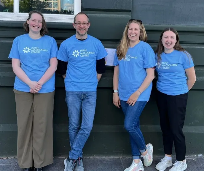 Left to right: Dinja van den Hoorn; Chris Henstridge; Zsofia Laszlo; Anna McFarlane. All the scientists are wearing Euan MacDonald Centre blue branded t-shirts